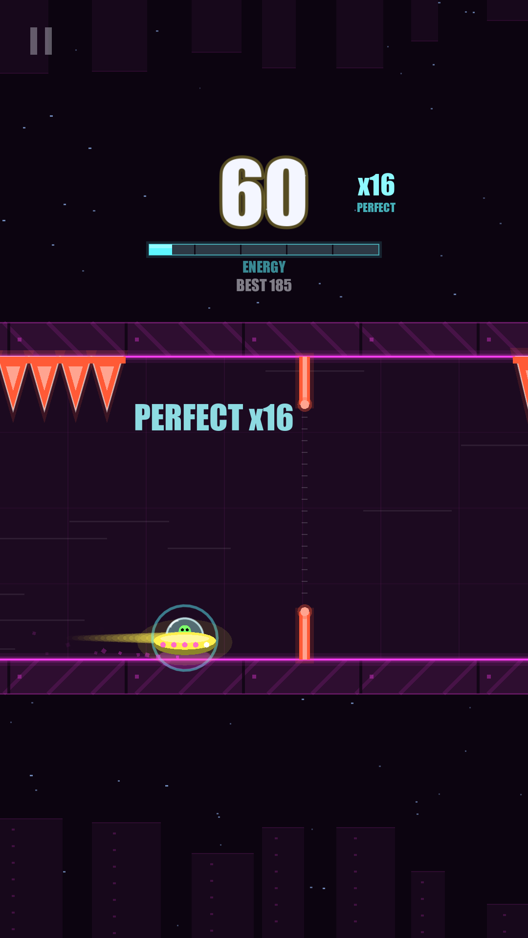 The UFO on the floor approaching a narrow gate, with a PERFECT x16 streak.
