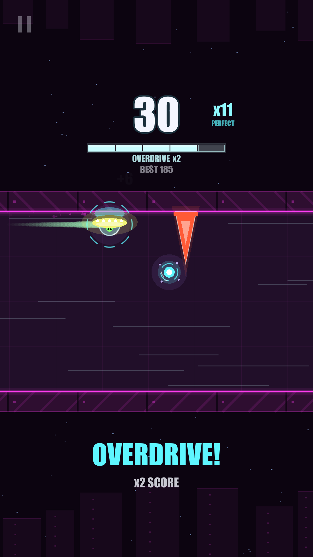 FLIP gameplay: a UFO skims the ceiling of a neon tunnel beside a glowing Energy Core and a spike.