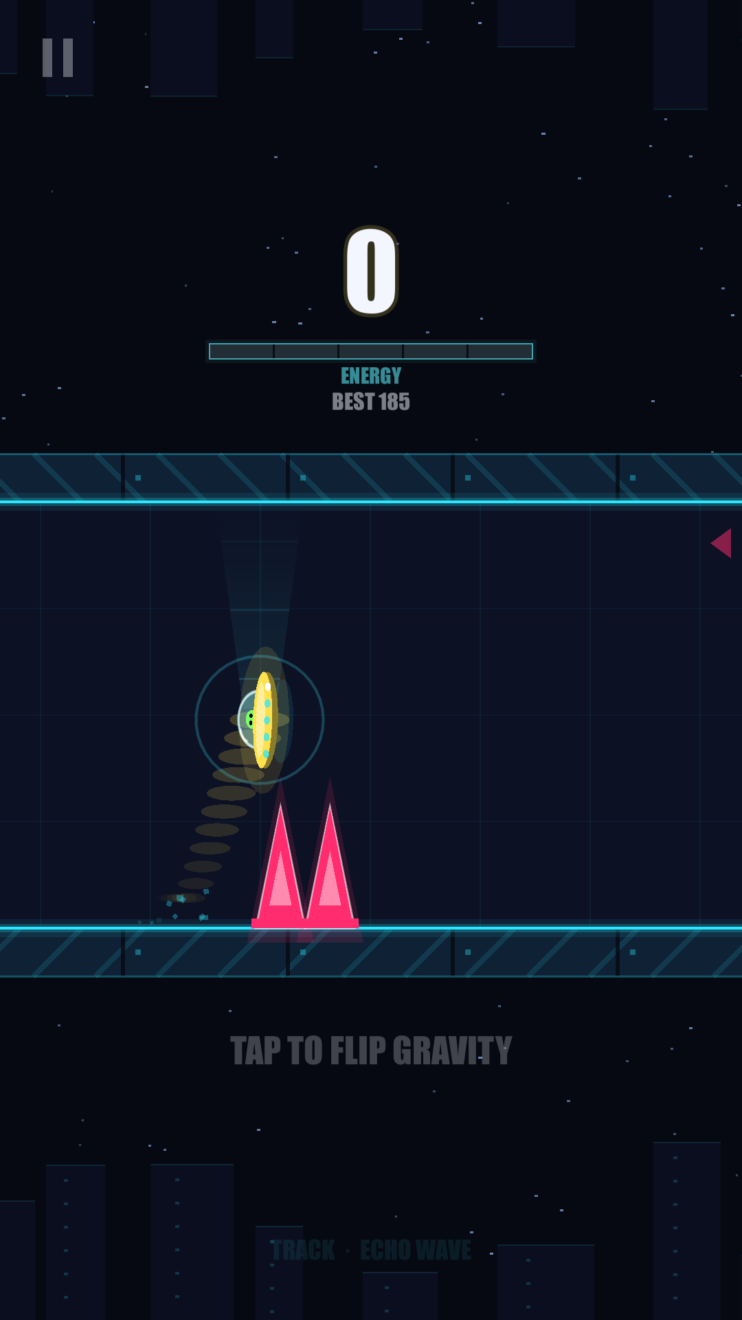 The UFO mid-flip above a pair of floor spikes, with the prompt TAP TO FLIP GRAVITY.