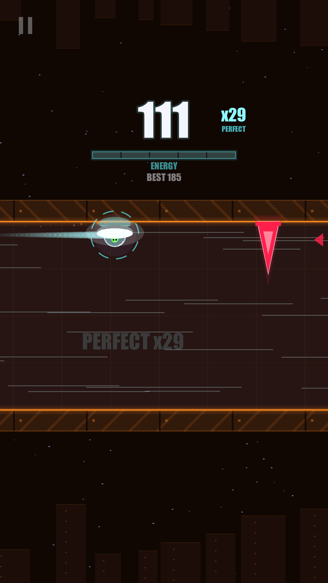 A late-game run at score 111 with a PERFECT x29 streak, in an orange-tinted tunnel.